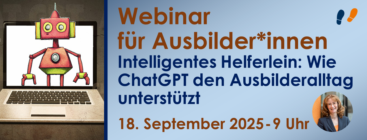 Titelbild zum Webinar ChatGPT für Ausbilder*innen mit Roboter auf Laptop