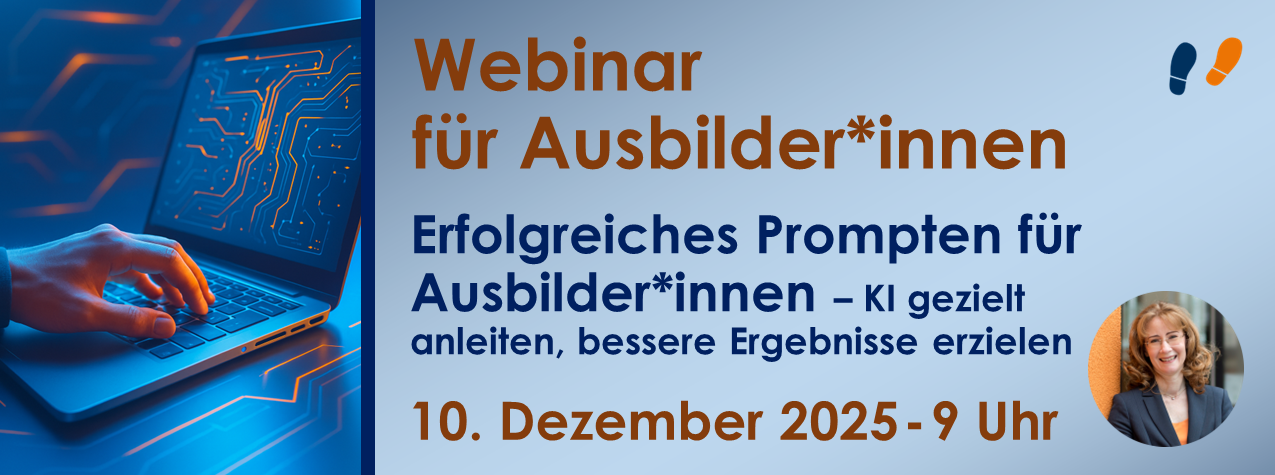 Hand schreibt auf Laptop: Titelbild zu Webinar Prompten für Ausbilder am 10. Dezember 2025 um 9 Uhr