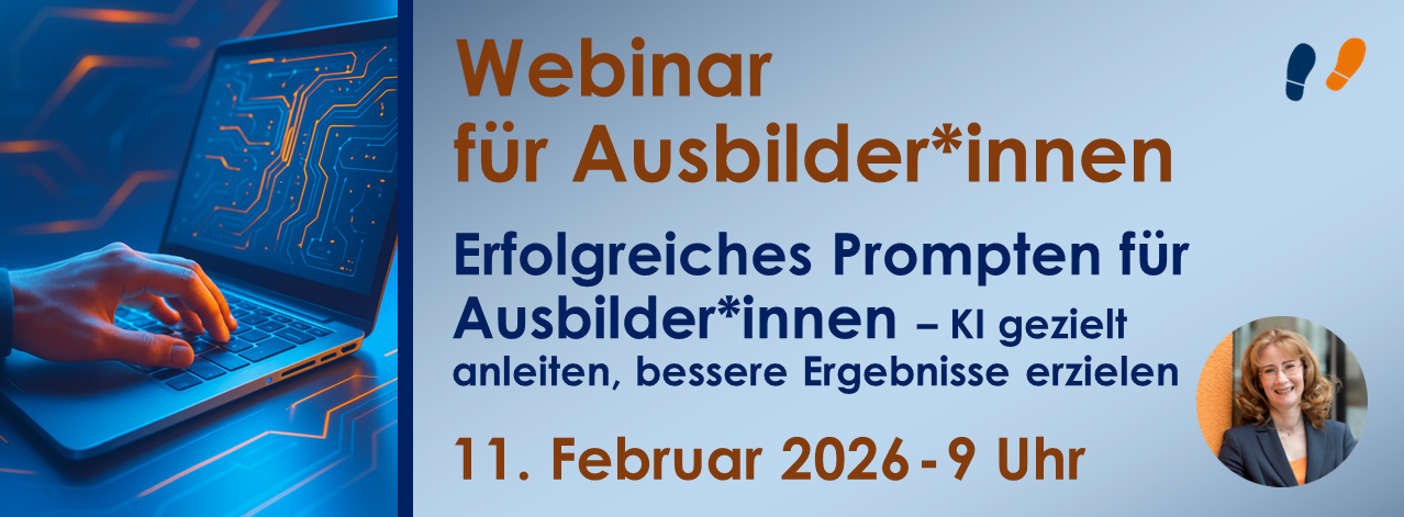 Hand schreibt auf Laptop: Titelbild zu Webinar Prompten für Ausbilder am 11. Februar 2026 um 9 Uhr