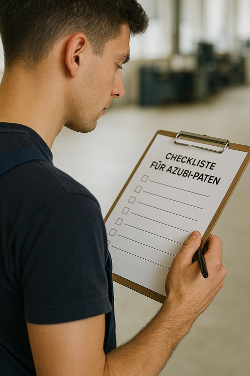 Technischer Azubi der auf eine Checkliste mit der Überschrift "Checkliste für Azubi-Paten" schaut