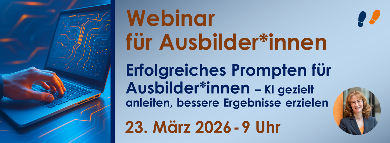 Hand schreibt auf Laptop: Titelbild zu Webinar Prompten für Ausbilder am 23. März 2026 um 9 Uhr