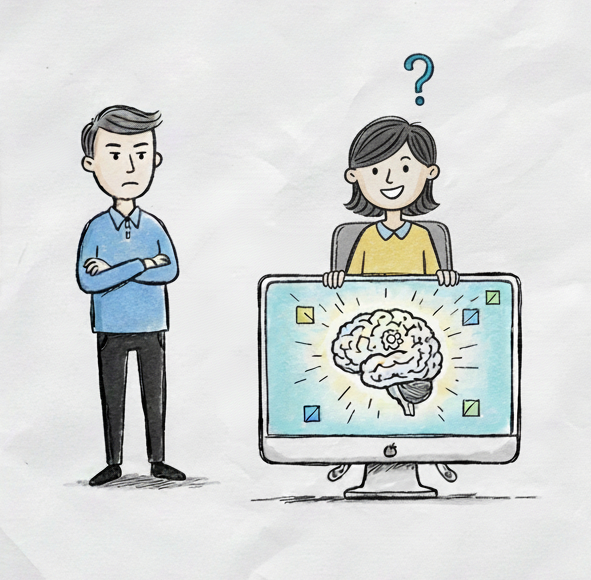 weibliche Auszubildende mit Bildschirm, auf dem Gehirn zu sehen ist, daneben männlicher skeptisch blickender Ausbilder - Bild zum Blog "Hilfe, mein Azubi nutzt zu viel KI"